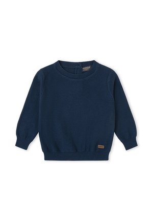 Suéter de punto azul marino de manga larga con puños, dobladillo y cuello redondo acanalados, con un pequeño detalle de parche marrón en la parte inferior izquierda del frente.