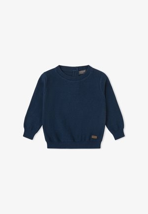 Suéter de punto azul marino de manga larga con puños, dobladillo y cuello redondo acanalados, con un pequeño detalle de parche marrón en la parte inferior izquierda del frente.