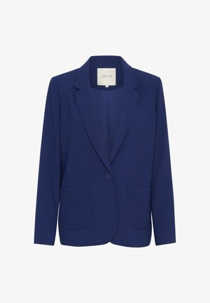 Blazer bleumarin dintr-un material neted, având un singur nasture, revere cu unghiuri și două buzunare frontale. Design simplu și croiuit.