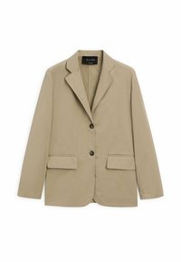 Blazer en coton beige avec un col cranté, deux poches frontales et une fermeture à bouton noir unique. Léger avec une texture lisse.