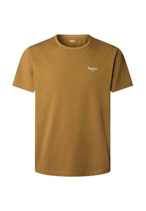 Lühikeste varrukatega ümmarguse kaelusega t-särk kuldpruunist puuvillast. Ees on väike valge logo. Sile tekstuur, lõdvestatud lõige.