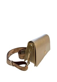 Borsa metallica dorata con design strutturato, texture liscia e tracolla removibile con una stampa decorativa sul lato interno.