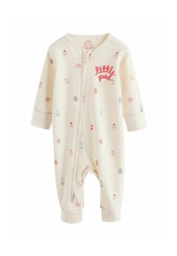 Cremefarbenes Baby-Overall mit langen Ärmeln, Frontreißverschluss, festlichen Mustern und dem Text "little pud" in Pink. Hergestellt aus weichem Stoff.
