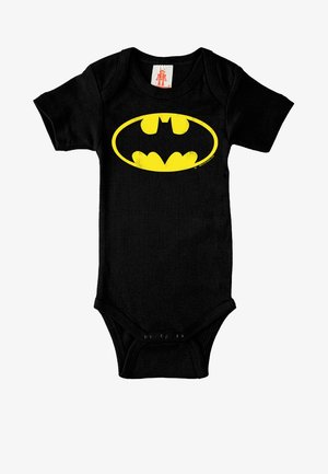 Black cotton baby bodysuit with short sleeves featuring a yellow Batman logo on the front. Snap closure at the bottom for easy dressing.