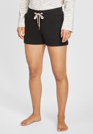 Shorts en mélange de coton noir avec une texture douce, taille élastique et fermeture à cordon de serrage. Présente un ourlet roulé et des poches latérales.