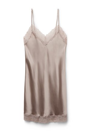 Satijnen camisole in lichtbeige met verstelbare bandjes en kant aan de neklijn en zoom, met een gladde, glanzende textuur.