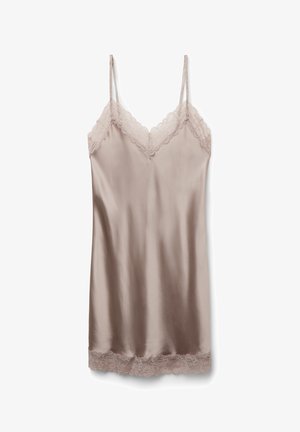 Satin camisole in light beige with adjustable straps and lace trim along the neckline and hem, featuring a smooth, shiny texture.