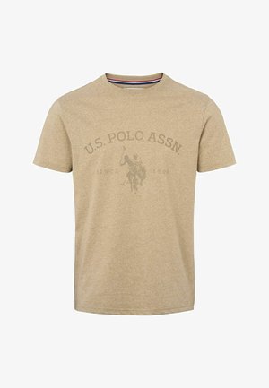 Tricou kaki din material moale, cu gât rotund, mâneci scurte și imprimeu grafic cu un jucător de polo și textul brandului.