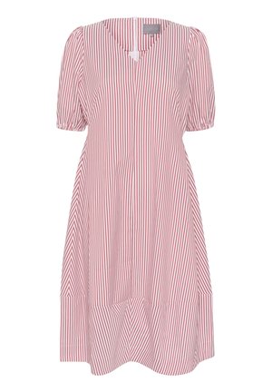 Rood-wit gestreepte jurk met korte puffmouwen, V-hals en een uitlopende A-lijn rokontwerp, gemaakt van lichte stof.