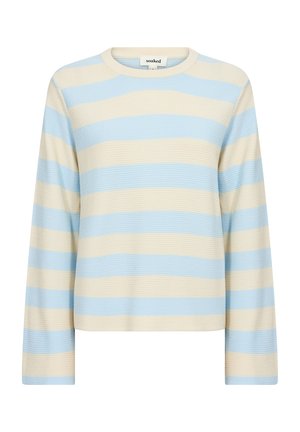 Kerge pika varrukaga sviiter, millel on horisontaalsed sinised ja koorevalged triibud, tekstureeritud soonikmaterjal ning ümmargune kaelus.