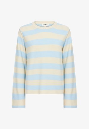 Könnyű, hosszú ujjas pulóver vízszintes kék és krémszínű csíkokkal, texturált bordás anyaggal és kerek nyakkivágással.