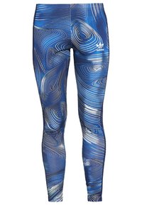 Blå leggings med ett swirlande mönster av vita linjer, tillverkade av elastisk tyg. Har en broderad logotyp på övre vänstra sidan.