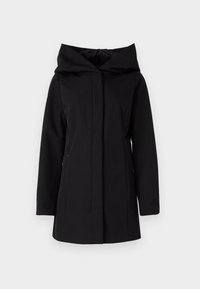 Černý kapucňový kabát s elegantním, minimalistickým designem. Obsahuje přední zip a dvě boční kapsy. Hladká, matná textilie.