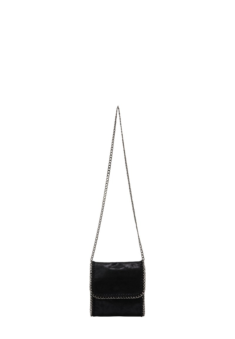 Sort læder crossbody taske med kædetræk, rektangulær form, glat tekstur og syet detaljering ved kanterne.