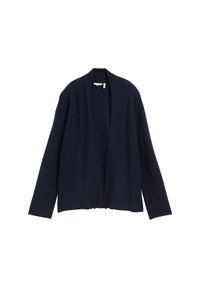 Cardigan tricoté bleu marine avec un devant ouvert, des manches longues et une coupe décontractée. Texture lisse avec un design simple et minimal.