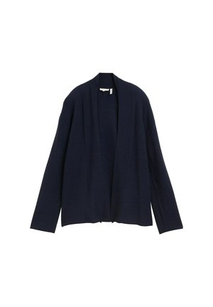 Cardigan lavorato a maglia blu navy con apertura davanti, maniche lunghe e vestibilità comoda. Texture liscia con design semplice e minimale.