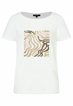 Hvid t-shirt med korte ærmer med et firkantet abstrakt bølget mønster i beige, brune og pink toner midt for på fronten.