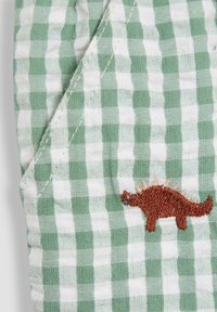 Žalias ir baltas languotas audinys su siuvinėtu rusvu dinozauru. Medžiaga atrodo tekstūruota, su matomais siūlių detalėmis.
