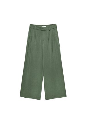 Olivovo zelené široké culottes nohavice s predu záhybmi, opaskovými slučkami a bočnými vreckami, zobrazené na bielom pozadí.