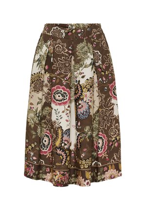 Brun og creme plisseret nederdel med multicolorerede blomster- og bladmønstre i pink, grøn, gul og blå.