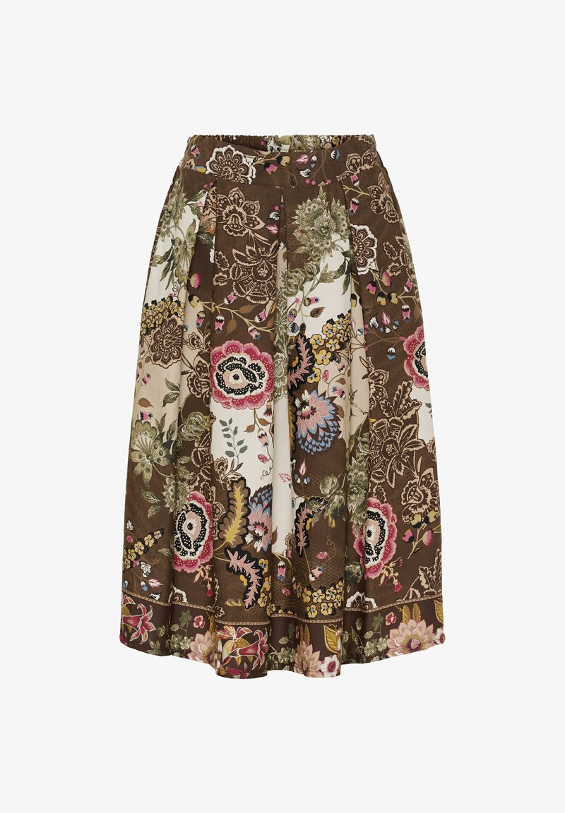 Brun og creme plisseret nederdel med multicolorerede blomster- og bladmønstre i pink, grøn, gul og blå.