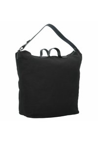 Czarna torba na ramię z płótna, z skórzanym paskiem na ramię, z zamknięciem na zamek błyskawiczny na górze, dwoma krótkimi uchwytami oraz prostokątnym kształtem.