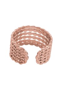 Roze gouden ring met golvende, gestructureerde banden. Beschikt over een geschulpt ontwerp en een open einde voor een verstelbare pasvorm.