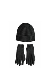 Schwarzes Strickmütze- und Handschuhset. Die Mütze hat eine vertikale Rippung, während die Handschuhe eine strukturierte Oberfläche und gerippte Bündchen besitzen.