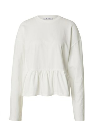 Weißes Langarmoberteil aus Baumwolle mit rundem Ausschnitt und Peplum-Saum. Glatte Textur mit minimalen Designdetails.
