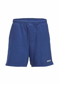 Blå bomullsshorts med elastisk midja, en framficka och en logotyp på nederkanten. Slät yta och avslappnad design.