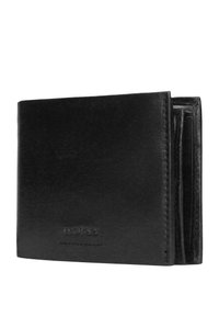 Portafoglio bifold in pelle nera con texture liscia, logo impresso, più scomparti per carte e un compartimento per le banconote. Design chiuso.