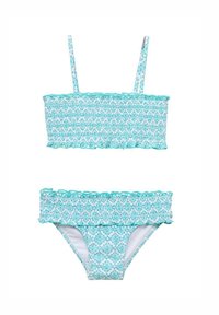 Tyrkysový dvojdielny bikiny set s nariasenými detailmi, volánovými okrajmi a geometrickým vzorom. Popruhy na vrchu sú nastaviteľné.