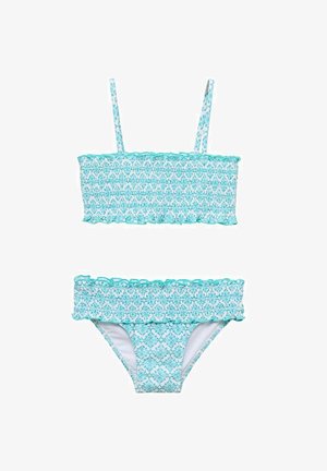 Turkizni dvodelni bikini set z nabranimi detajli, nabranimi robovi in geometrijskim vzorcem. Naramnice na vrhu so nastavljive.