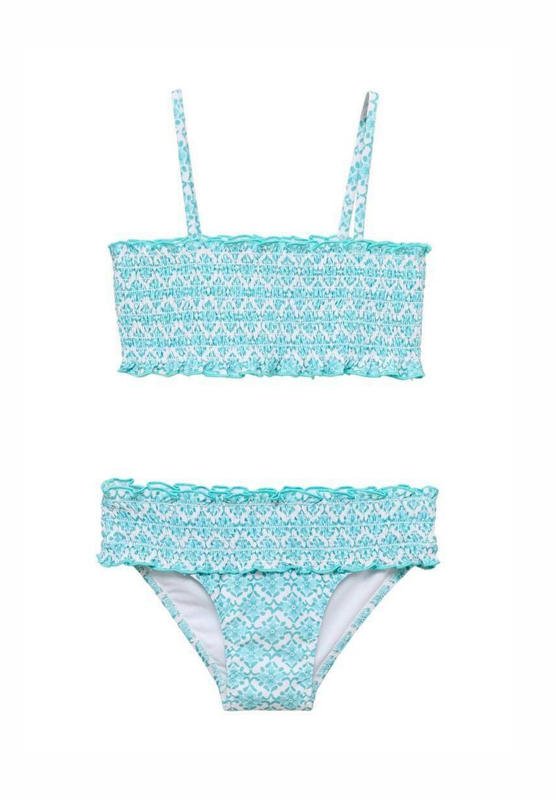 Tyrkysový dvojdielny bikiny set s nariasenými detailmi, volánovými okrajmi a geometrickým vzorom. Popruhy na vrchu sú nastaviteľné.