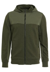 Olivengrøn lynlåshoodie med et glat, tofarvet stofdesign. Har en hætte, ribstrikkede manchetter og to sidelommer.