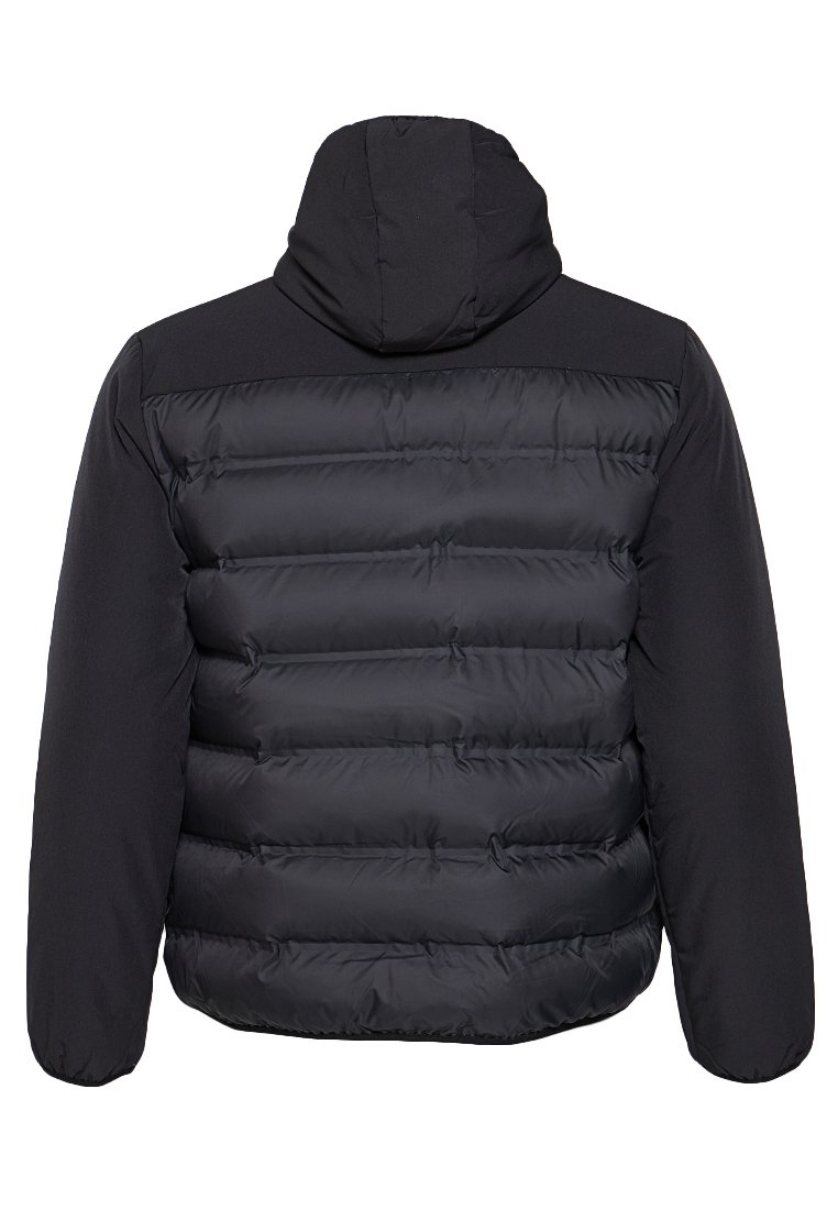 Czarna kurtka puchowa z kapturem, z pikowaną teksturą, gładkimi rękawami i dopasowanym krojem, zaprojektowana z myślą o cieple i komforcie.