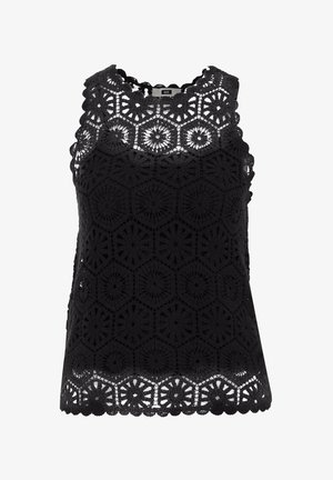 Melna tamborēta blūze ar sešu stūru rakstu un viļņotām malām. Bez piedurknēm, ar puscaurspīdīgu tekstūru.