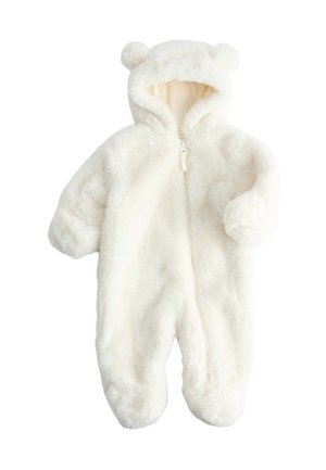 Weicher weißer Baby-Strampler mit Kapuze und Bärenohren, durchgehendem Reißverschluss und bedeckten Füßen, aus Plüschstoff gefertigt.