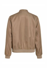 Bēšs viegls bombera stila jaciņa ar ribveida aprocēm un apakšu, attēlots no aizmugures uz balta fona.