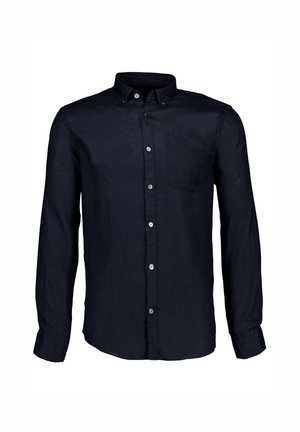 Dark navy long-sleeve shirt made of linen. Features a button-down collar, front pocket, and five buttons along the placket. Lightweight texture.