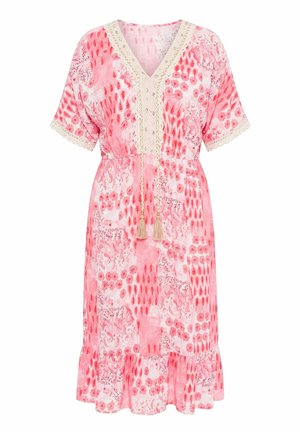 Pink-weiß gemustertes Midikleid mit V-Ausschnitt, kurzen Ärmeln, Spitzenbesatz, Quastenband in der Taille und gewelltem Saum.