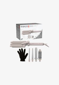 Remington Trendology 5-in-1 Multi-Styler in hellem Beige umfasst mehrere Stylingtuben, einen hitzebeständigen Handschuh und einen runden Bürstenaufsatz.