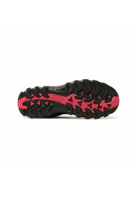 Schuhsohle mit einem robusten schwarzen Gummidesign, das auffällige Traktionsnoppen und ein markantes pinkes Akzent im Fersen- und Mittelbereich aufweist.
