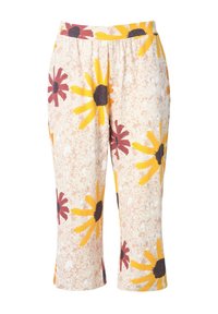 Bloemenprint broek met een lichtroze achtergrond, voorzien van gele en bordeauxrode madeliefjes, elastische tailleband en een relaxte pasvorm.