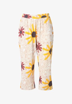 Pantalones de estampado floral con fondo rosa claro, que presentan margaritas amarillas y burdeos, cinturilla elástica y un corte relajado.
