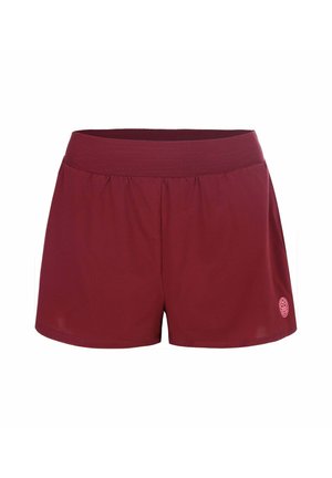 Short de sport bordeaux avec une large ceinture élastique et un petit logo circulaire sur la partie basse de la jambe gauche.