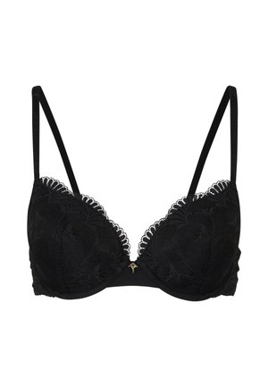 Reggiseno in pizzo nero con coppe sagomate, bordi ondulati, spalline regolabili e un piccolo dettaglio dorato al centro. Tessuto morbido e design strutturato.