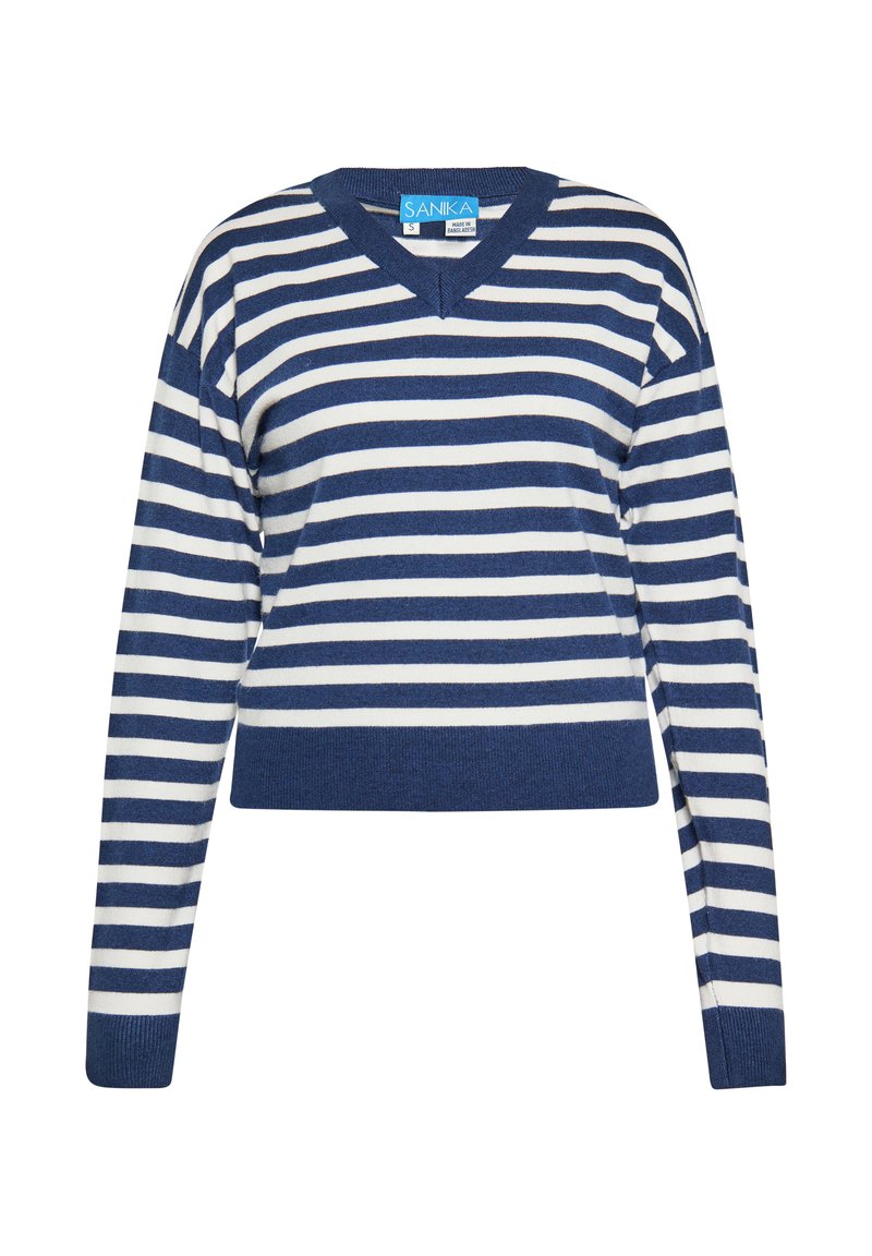 Gestreifter V-Ausschnitt-Pullover in Marineblau und Weiß, cropped Design, gestrickter Stoff, lange Ärmel, gerippter Saum und Bündchen, Etikett am Ausschnitt sichtbar.