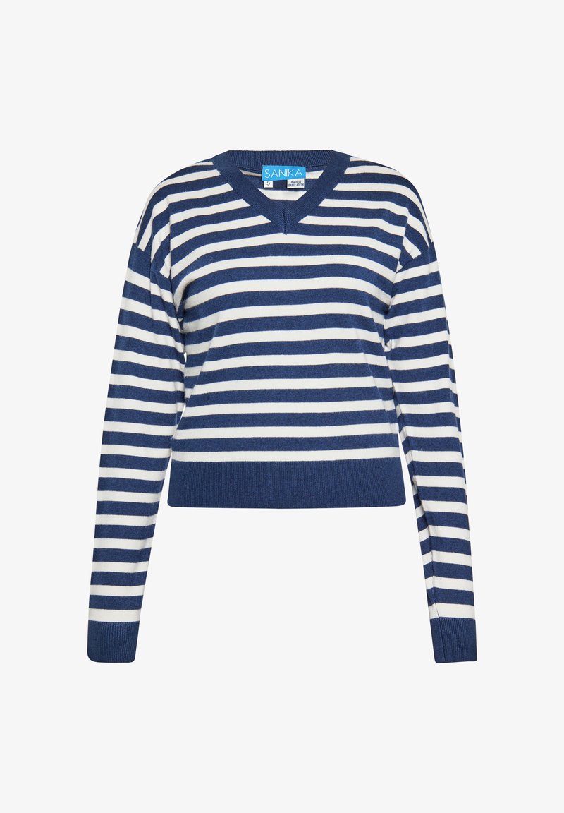 Raidallinen V-kaula-aukkoinen villapaita tummansinisessä ja valkoisessa, lyhyt malli, neulottu kangas, pitkät hihat, ribbaus helmassa ja hihoissa, etiketti näkyvissä kauluksessa.