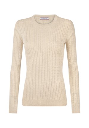 Beežist kaabelkootud pika varrukaga kampsun ümmarguse kaelusega ning soonikservadega varruka- ja alläärtega, sildiga Felix Hardy, suurus keskmine.